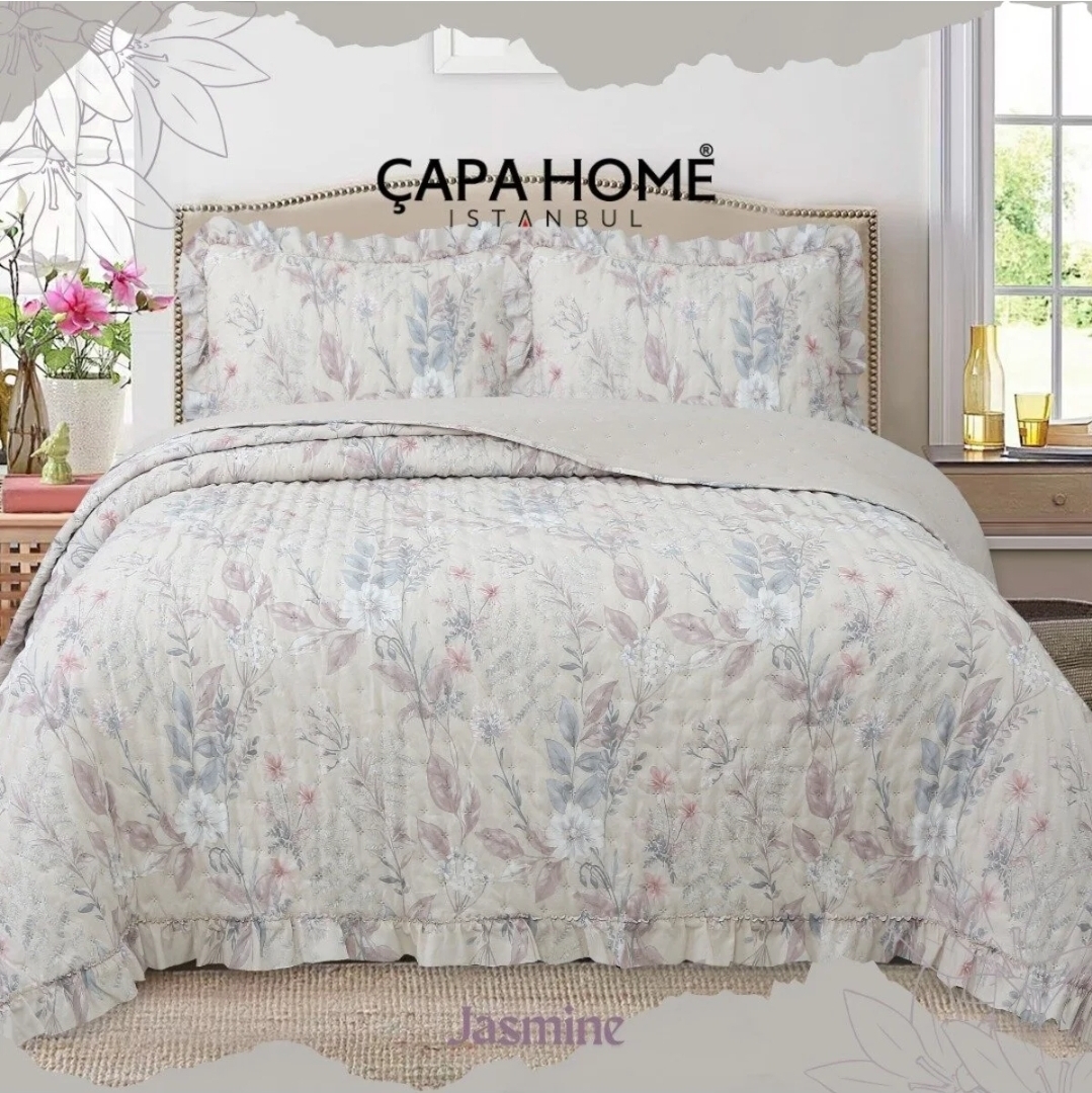 روتختی پنبه دوزی ۳ تکه دو نفره ÇAPA HOME مدل Jasmine تولید ترکیه با طرح گلدار